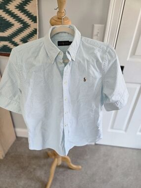 Ralph Lauren Polo Blue Striped Short Sleeve Shirt Women Size Medium Collared